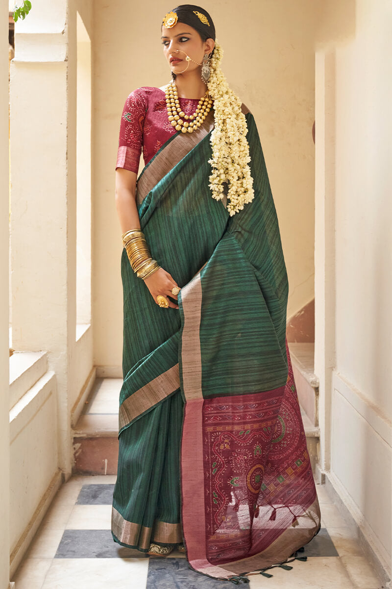 Opulent Dark Green Cotton Silk Saree With Enamoring Blouse Piece