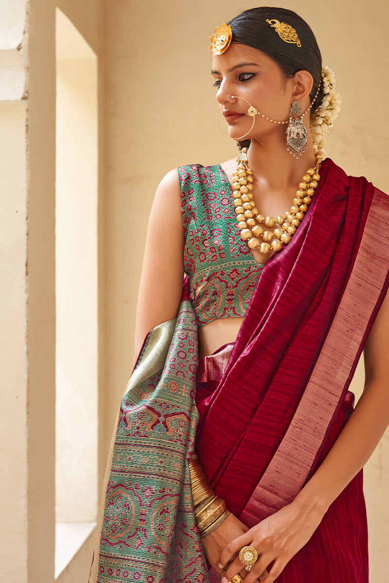 Captivating Wine Cotton Silk Saree With Nemesis Blouse Piece