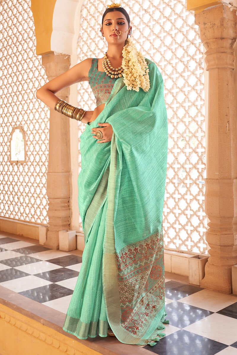 Embrocation Turquoise Cotton Silk Saree With Blooming Blouse Piece