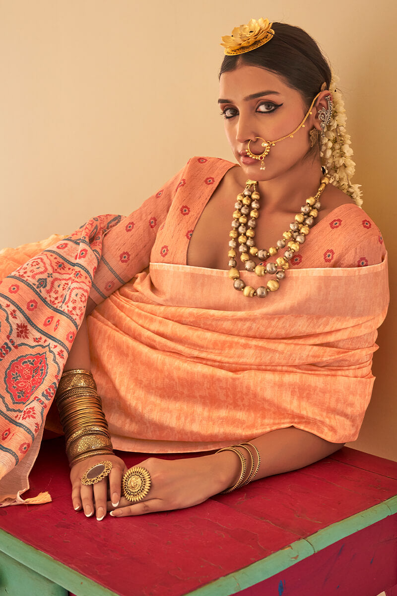 Desultory Peach  Cotton Silk Saree With Enthralling Blouse Piece