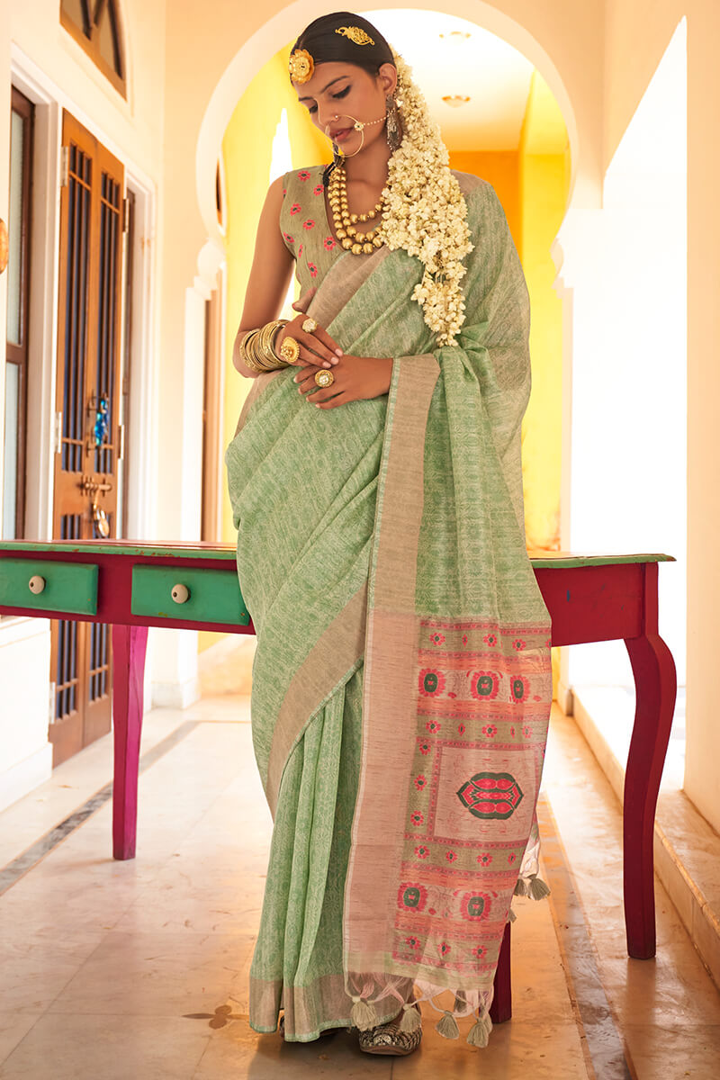 Bewitching Pista Cotton Silk Saree With Invaluable Blouse Piece
