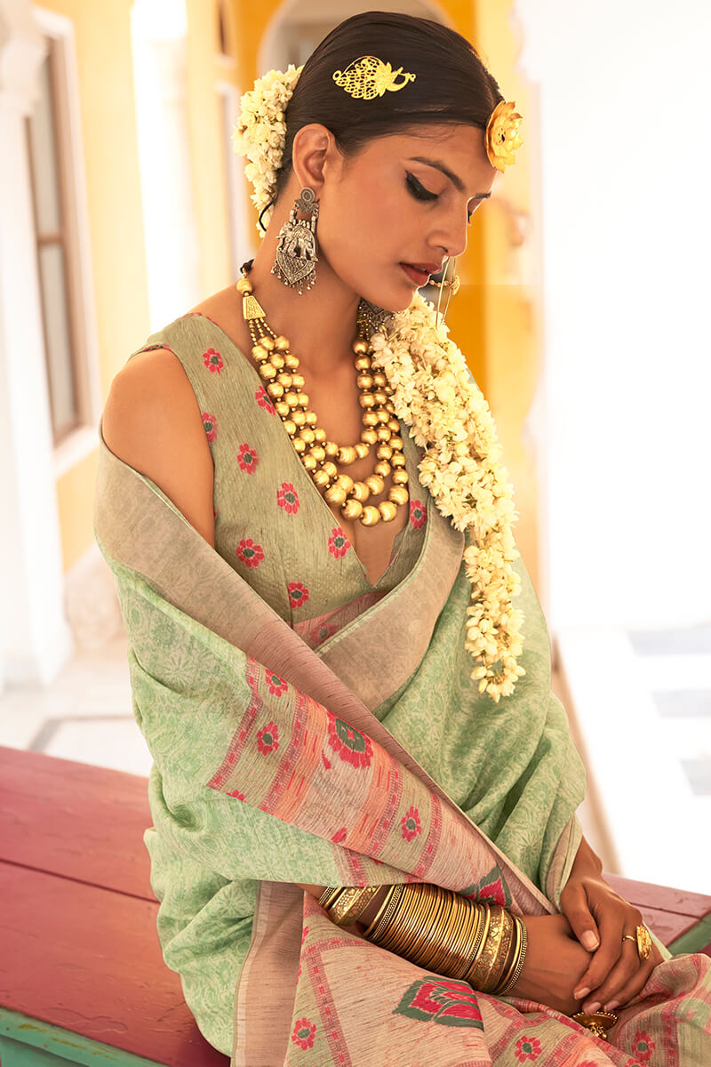Bewitching Pista Cotton Silk Saree With Invaluable Blouse Piece