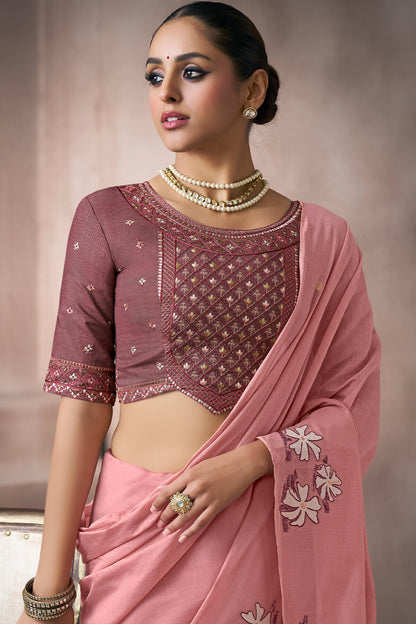 Redolent Pink Viscose Cotton Silk Saree With Exemplary Blouse Piece
