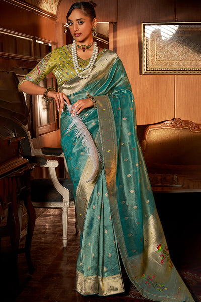 Splendorous Turquoise Paithani Silk Saree With Appealing Blouse Piece