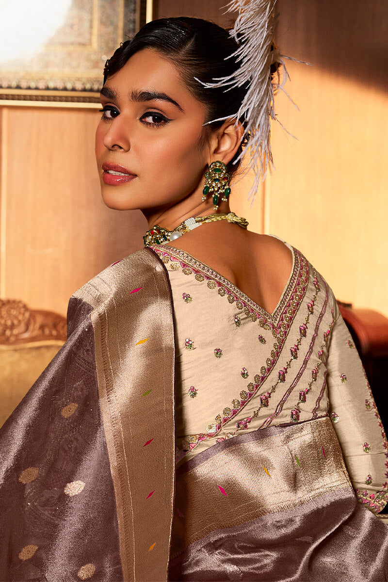 Zephyr Brown Paithani Silk Saree With Allure Blouse Piece