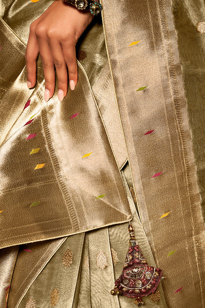 Adorable Pista Paithani Silk Saree With Ideal Blouse Piece