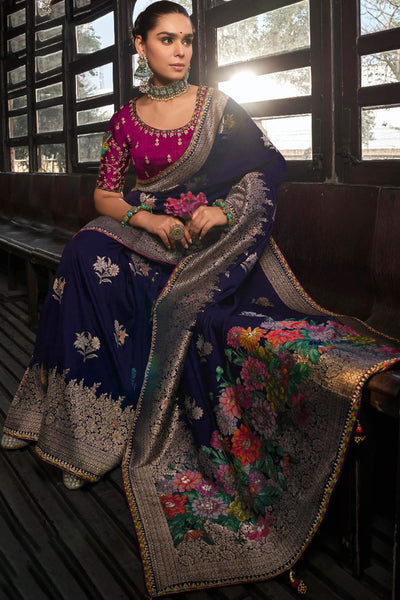 Smashing Navy Blue Pure Viscose Dola Silk Saree With Smart Blouse Piece