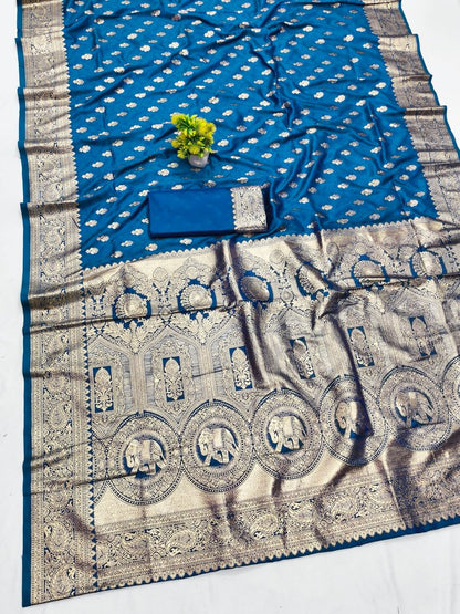 Glorious Blue Pure Zari Weaving Banarasi Silk Saree With Gratifying Blouse Piece