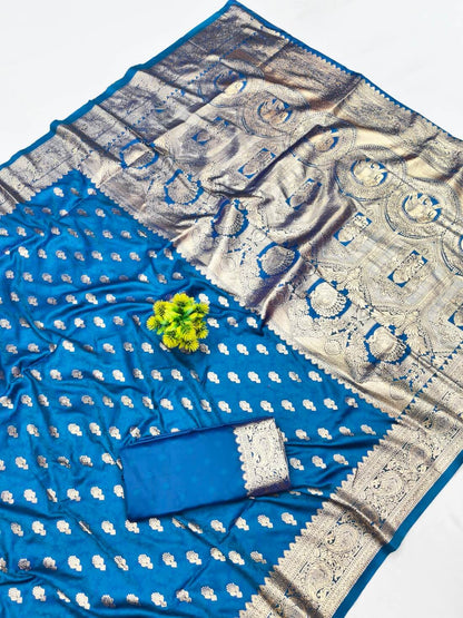 Glorious Blue Pure Zari Weaving Banarasi Silk Saree With Gratifying Blouse Piece