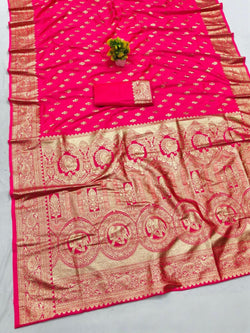 Intricate Dark Pink Pure Zari Weaving Banarasi Silk Saree With Desuetude Blouse Piece