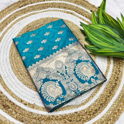 Efflorescence Firozi Pure Zari Weaving Banarasi Silk Saree With Amazing Blouse Piece