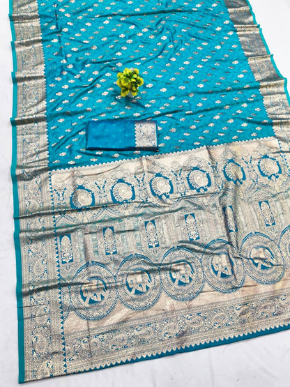 Efflorescence Firozi Pure Zari Weaving Banarasi Silk Saree With Amazing Blouse Piece