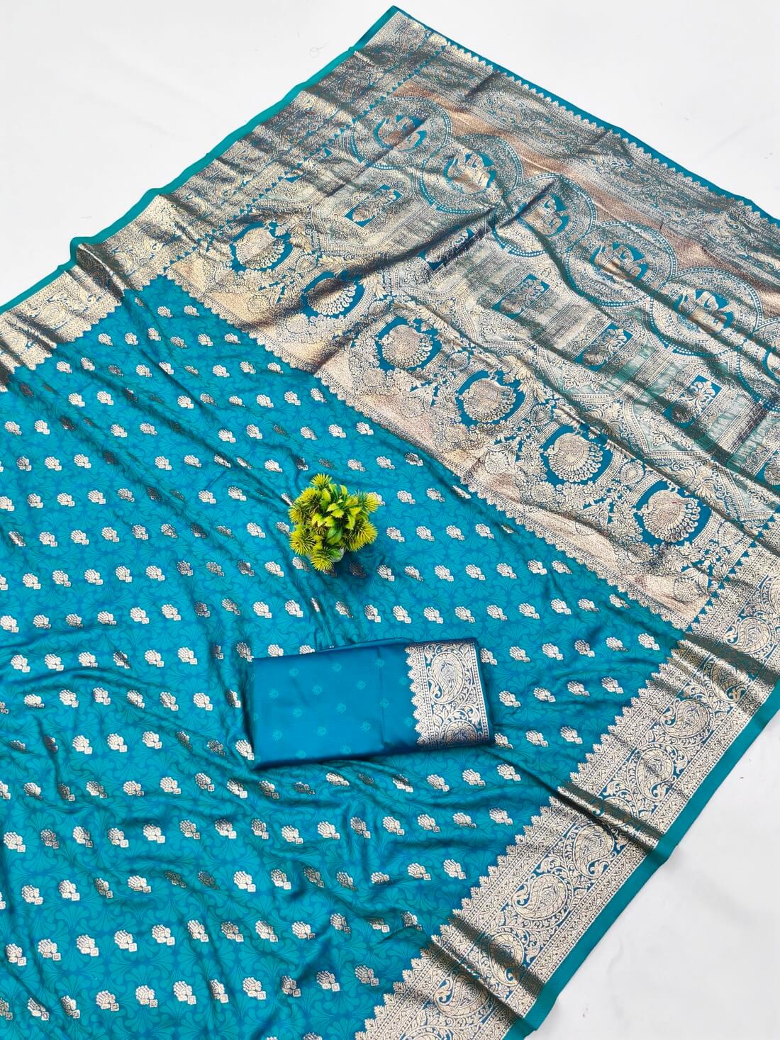 Efflorescence Firozi Pure Zari Weaving Banarasi Silk Saree With Amazing Blouse Piece