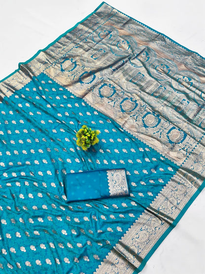 Efflorescence Firozi Pure Zari Weaving Banarasi Silk Saree With Amazing Blouse Piece