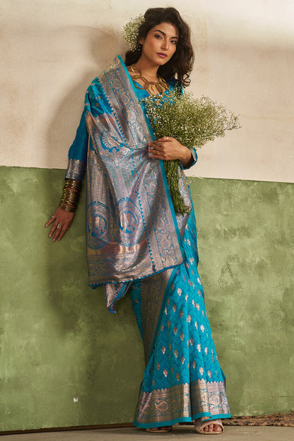 Efflorescence Firozi Pure Zari Weaving Banarasi Silk Saree With Amazing Blouse Piece
