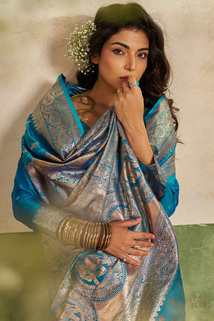 Efflorescence Firozi Pure Zari Weaving Banarasi Silk Saree With Amazing Blouse Piece