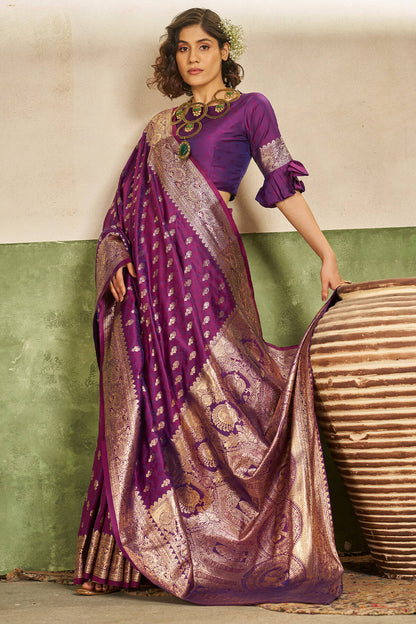 Dissemble Purple Pure Zari Weaving Banarasi Silk Saree With Majestic Blouse Piece