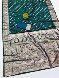 Stunner Rama Pure Zari Weaving Banarasi Silk Saree With Artistic Blouse Piece