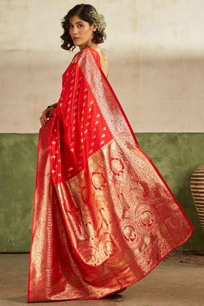 Scintilla Red Pure Zari Weaving Banarasi Silk Saree With Sophisticated Blouse Piece
