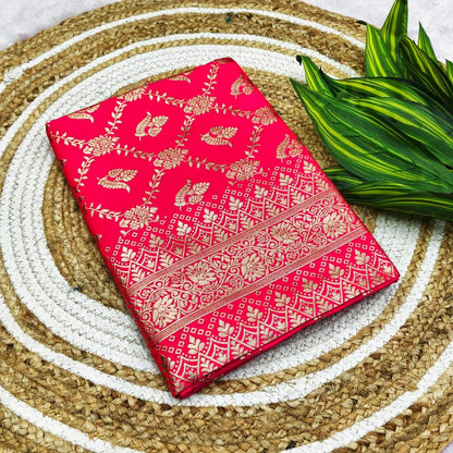 Charismatic Dark Pink Pure Zari Weaving Banarasi Silk Saree With Blooming Blouse Piece