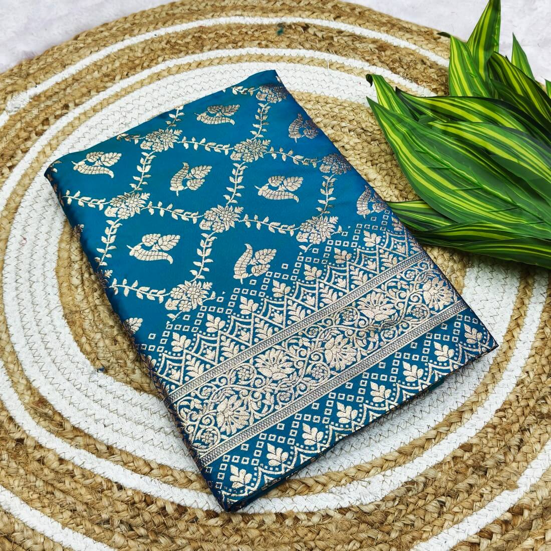 Jubilant Firozi Pure Zari Weaving Banarasi Silk Saree With Alluring Blouse Piece