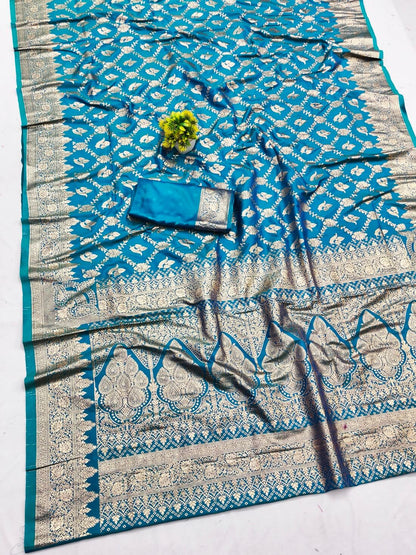 Jubilant Firozi Pure Zari Weaving Banarasi Silk Saree With Alluring Blouse Piece