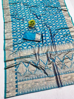 Jubilant Firozi Pure Zari Weaving Banarasi Silk Saree With Alluring Blouse Piece