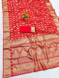 Delightful Red Pure Zari Weaving Banarasi Silk Saree With Captivating Blouse Piece