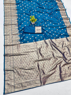 Susurrous Blue Pure Zari Weaving Banarasi Silk Saree With Fugacious Blouse Piece