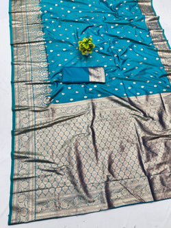 Lustrous Firozi Pure Zari Weaving Banarasi Silk Saree With Scrupulous Blouse Piece