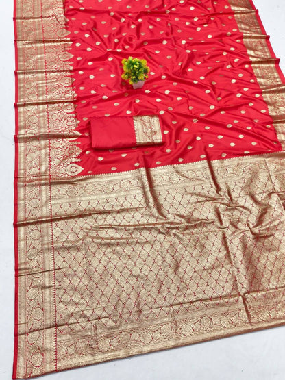 Phenomenal Red Pure Zari Weaving Banarasi Silk Saree With Unequalled Blouse Piece