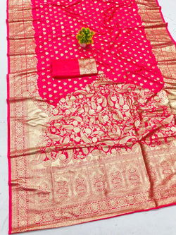 Tantalizing Dark Pink Pure Zari Weaving Banarasi Silk Saree With Gleaming Blouse Piece