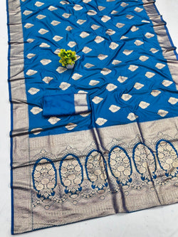 Enamoring Blue Pure Zari Weaving Banarasi Silk Saree With Lagniappe Blouse Piece