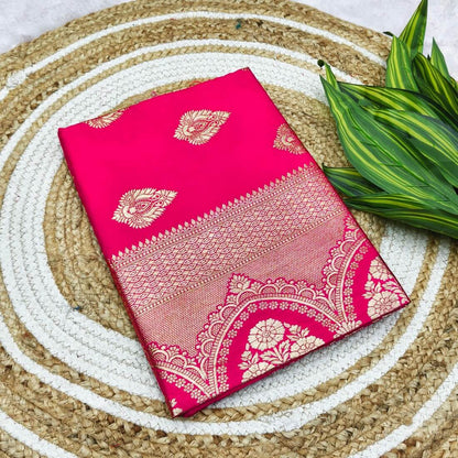 Zephyr Dark Pink Pure Zari Weaving Banarasi Silk Saree With Divine Blouse Piece