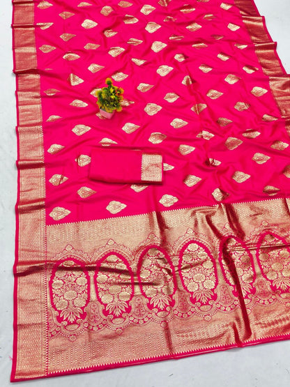 Zephyr Dark Pink Pure Zari Weaving Banarasi Silk Saree With Divine Blouse Piece