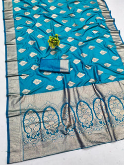 Tremendous Firozi Pure Zari Weaving Banarasi Silk Saree With Imaginative Blouse Piece