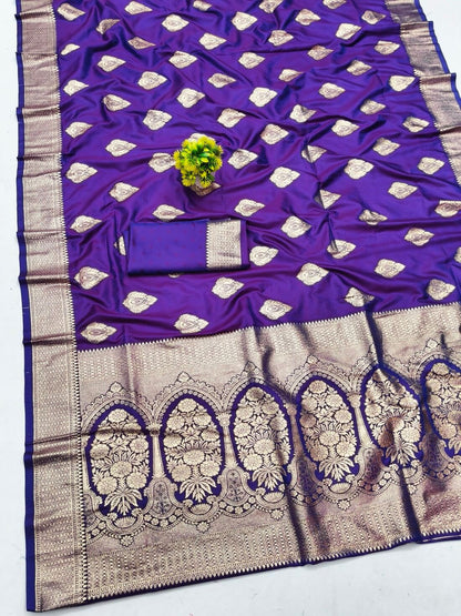 Whimsical Purple Pure Zari Weaving Banarasi Silk Saree With Improbable Blouse Piece