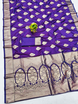 Whimsical Purple Pure Zari Weaving Banarasi Silk Saree With Improbable Blouse Piece