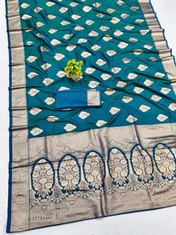 Symmetrical Rama Pure Zari Weaving Banarasi Silk Saree With Gossamer Blouse Piece