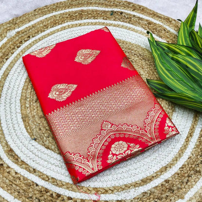 Gratifying Red Pure Zari Weaving Banarasi Silk Saree With Engrossing Blouse Piece