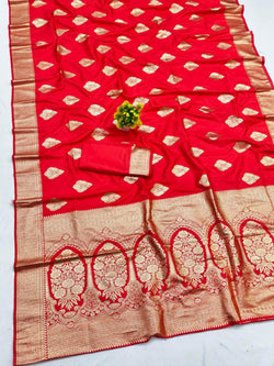 Gratifying Red Pure Zari Weaving Banarasi Silk Saree With Engrossing Blouse Piece