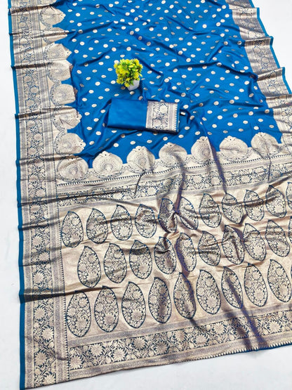 Adorable Blue Pure Zari Weaving Banarasi Silk Saree With Adorning Blouse Piece
