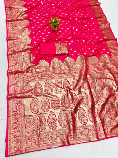 Effulgent Dark Pink Pure Zari Weaving Banarasi Silk Saree With Jazzy Blouse Piece