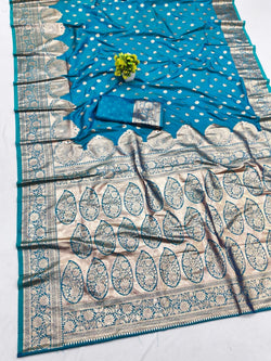 Enticing Firozi Pure Zari Weaving Banarasi Silk Saree With Dazzling Blouse Piece