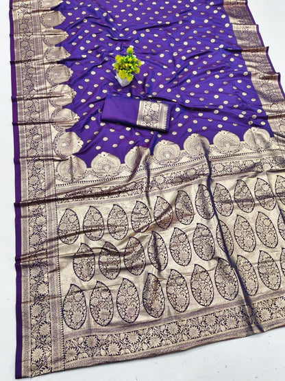 Sumptuous Purple Pure Zari Weaving Banarasi Silk Saree With Staggering Blouse Piece