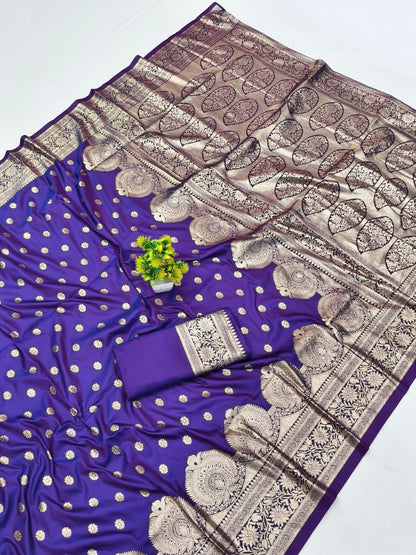 Sumptuous Purple Pure Zari Weaving Banarasi Silk Saree With Staggering Blouse Piece
