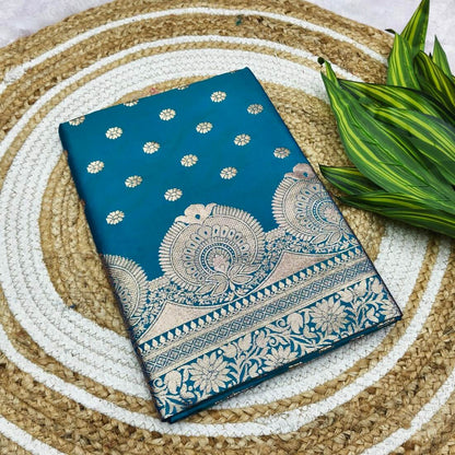 Elision Rama Pure Zari Weaving Banarasi Silk Saree With Glorious Blouse Piece