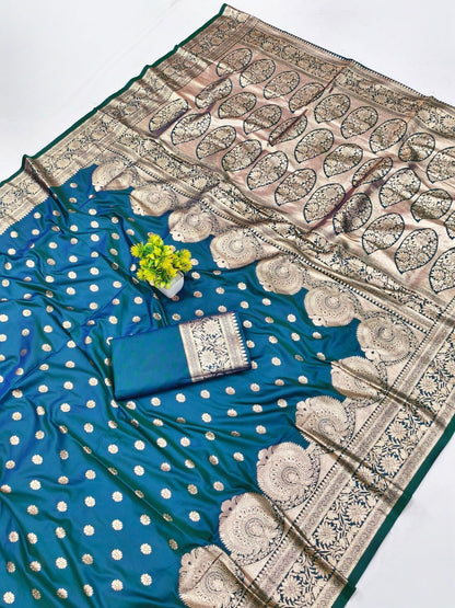 Elision Rama Pure Zari Weaving Banarasi Silk Saree With Glorious Blouse Piece