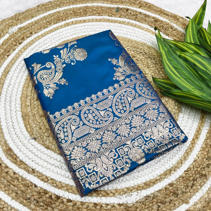 Ethereal Blue Pure Zari Weaving Banarasi Silk Saree With Lassitude Blouse Piece