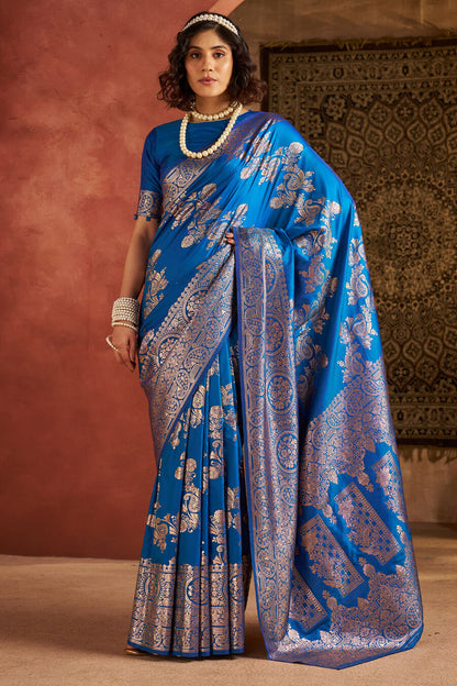 Ethereal Blue Pure Zari Weaving Banarasi Silk Saree With Lassitude Blouse Piece